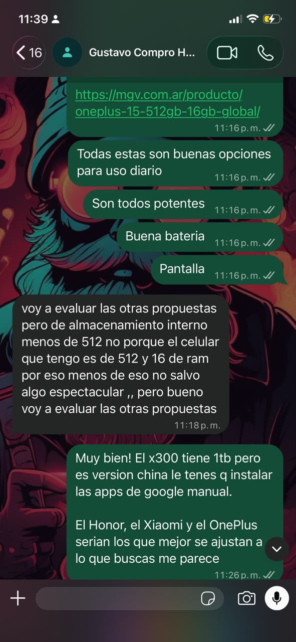 Asesoramiento de MGV.com.ar a Gustavo sobre smartphones premium, almacenamiento y versiones de software