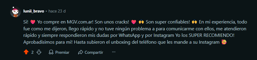Luna Bravo compró en MGV.com.ar: su experiencia en Trustpilot y Reddit